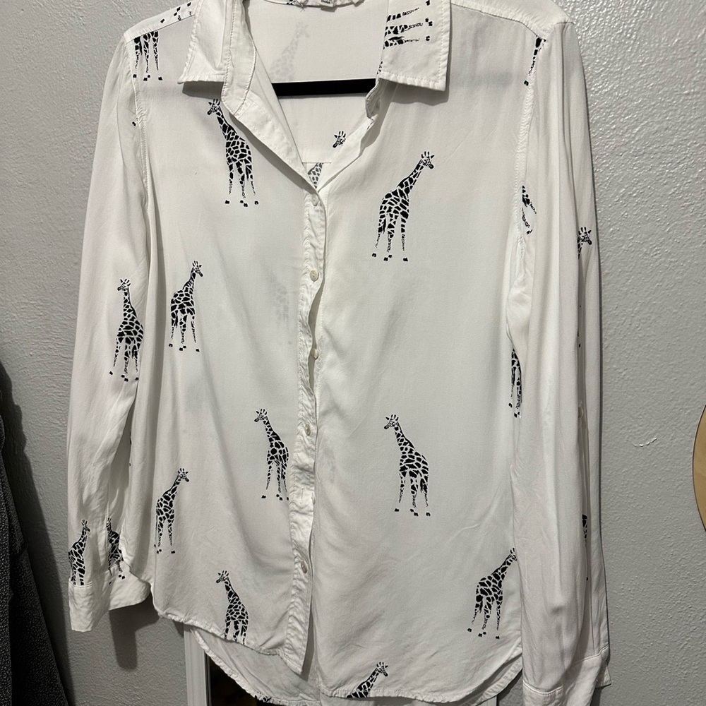 Jane and Delancey White Button Down Shirt with Black Giraffe Print